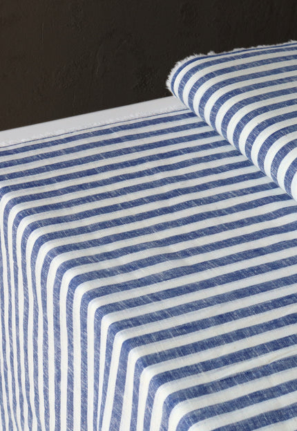 Tela de lino puro de doble paño con rayas índigo, 58 pulgadas de ancho, 135 g/m²