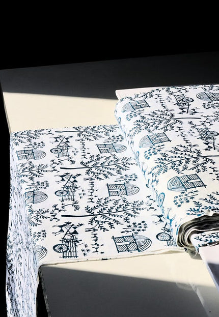 Bloque índigo Warli impreso en tela de algodón Kala, 36 pulgadas de ancho, 219 GSM