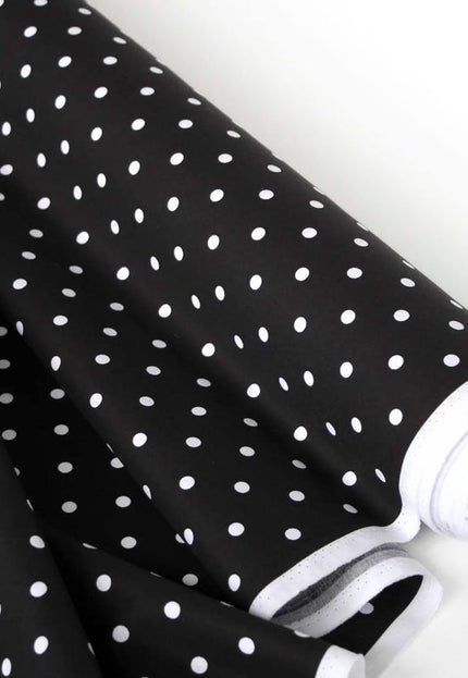 Tela popelina orgánica negra/azul con lunares blancos, 147 cm de ancho, 150 g/m²