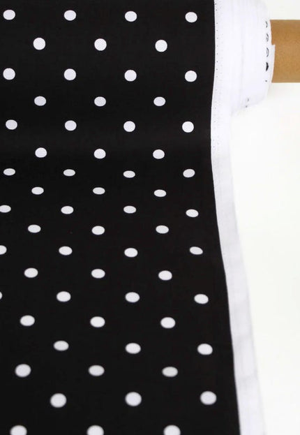 Tela popelina orgánica negra/azul con lunares blancos, 147 cm de ancho, 150 g/m²