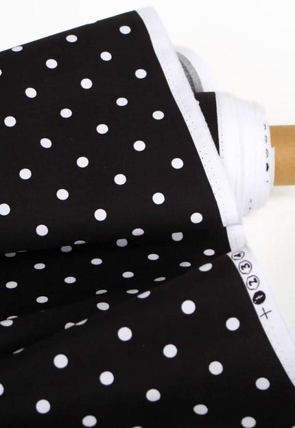 Tela popelina orgánica negra/azul con lunares blancos, 147 cm de ancho, 150 g/m²