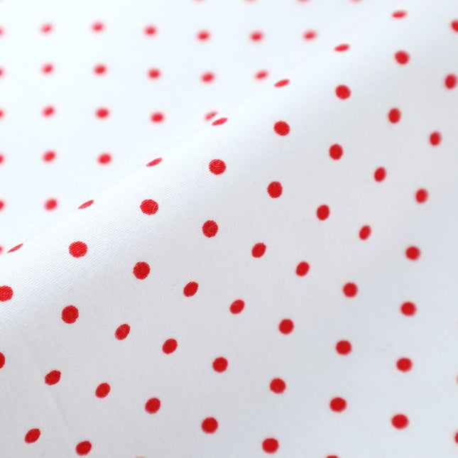 Black/Red Polka Dots on White Organic Cotton Poplin fabric, 58 inches wide, 150 GSM