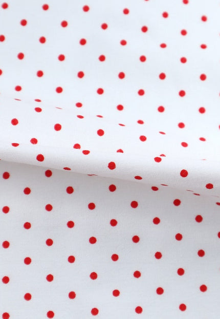 Black/Red Polka Dots on White Organic Cotton Poplin fabric, 58 inches wide, 150 GSM