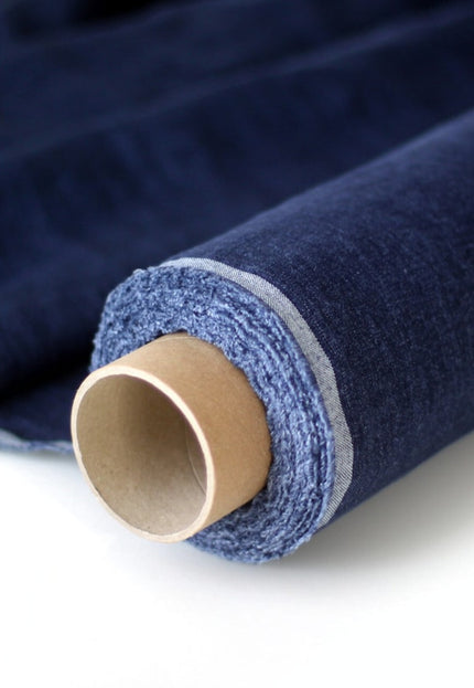 Tela vaquera de algodón orgánico azul marino lavada a piedra por yarda, 58 pulgadas de ancho, 258 GSM