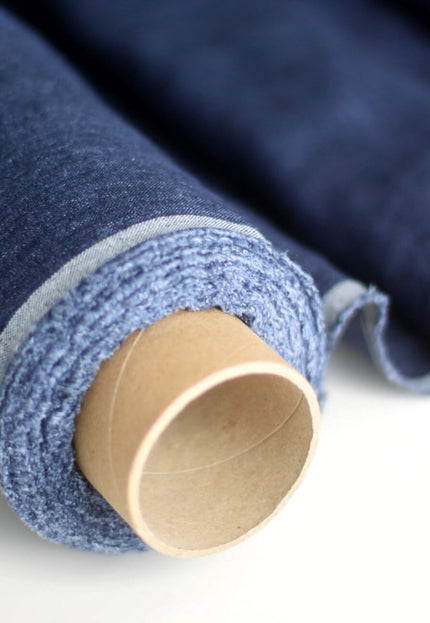 Tela vaquera de algodón orgánico azul marino lavada a piedra por yarda, 58 pulgadas de ancho, 258 GSM