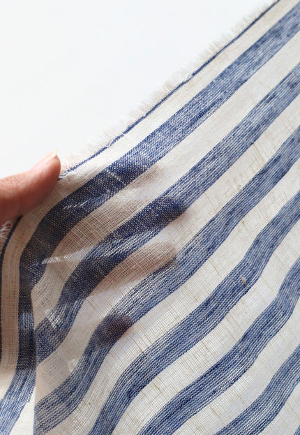 Double Cloth Pure Linen Indigo Striped Fabric by the yard, 58 inches wide, 135 GSM