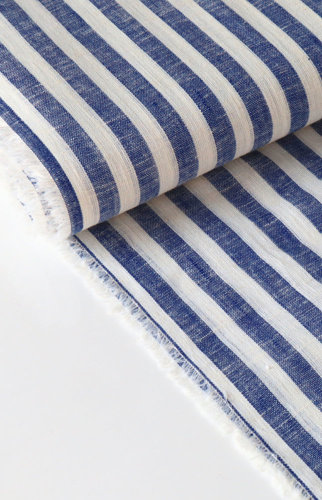 Double Cloth Pure Linen Indigo Striped Fabric by the yard, 58 inches wide, 135 GSM