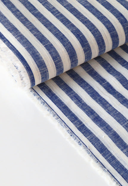 Double Cloth Pure Linen Indigo Striped Fabric by the yard, 58 inches wide, 135 GSM
