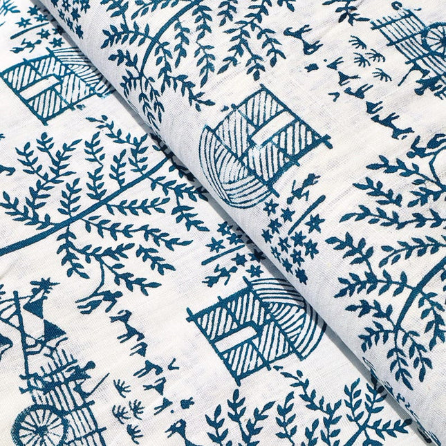Bloque índigo Warli impreso en tela de algodón Kala, 36 pulgadas de ancho, 219 GSM