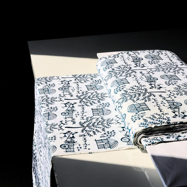 Bloque índigo Warli impreso en tela de algodón Kala, 36 pulgadas de ancho, 219 GSM