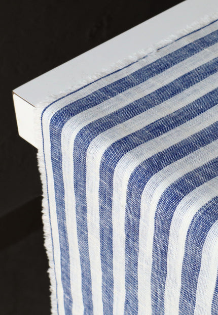 Double Cloth Pure Linen Indigo Striped Fabric by the yard, 58 inches wide, 135 GSM