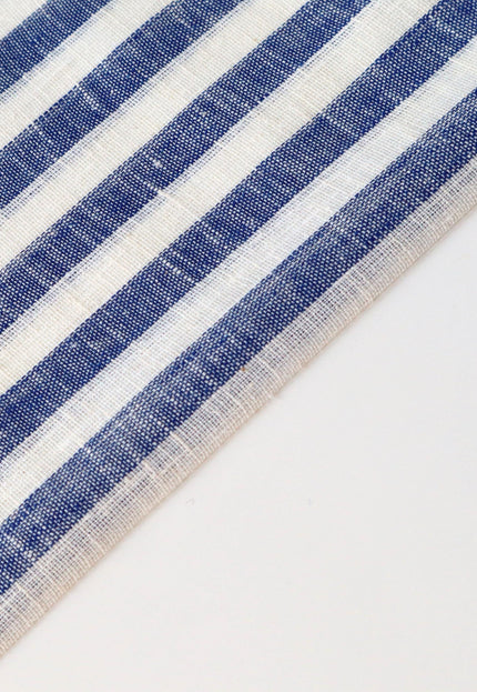 Double Cloth Pure Linen Indigo Striped Fabric by the yard, 58 inches wide, 135 GSM