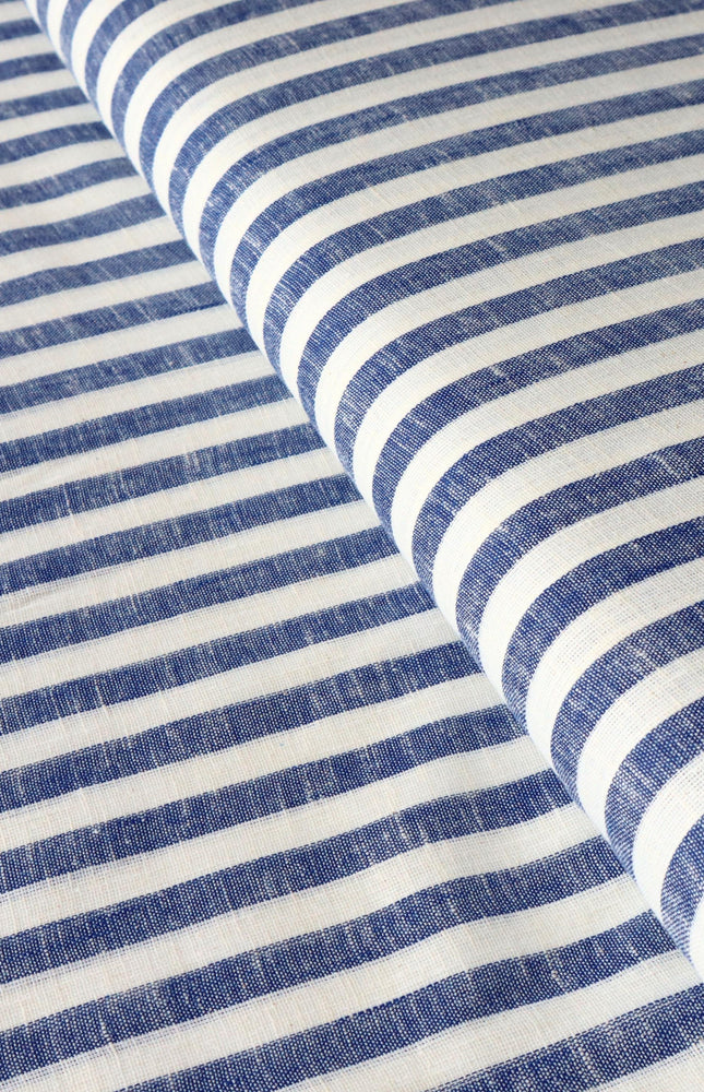Double Cloth Pure Linen Indigo Striped Fabric by the yard, 58 inches wide, 135 GSM