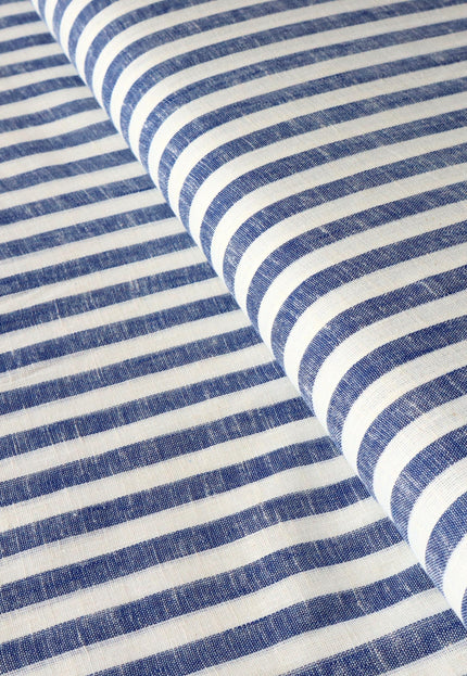 Double Cloth Pure Linen Indigo Striped Fabric by the yard, 58 inches wide, 135 GSM